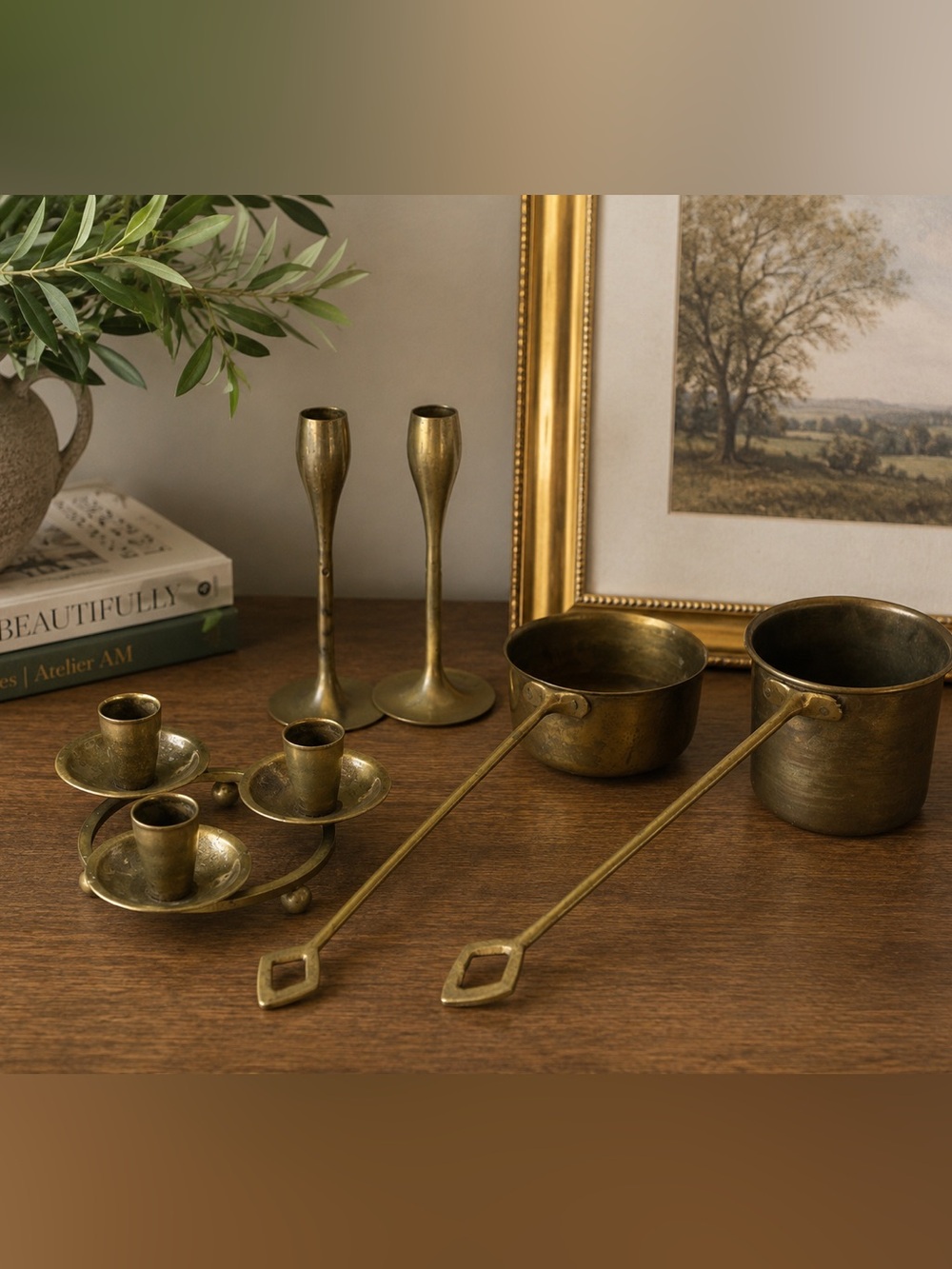 VTG Solid Brass Pots & Candlesticks MCM Hollywood Regency Decor Lot